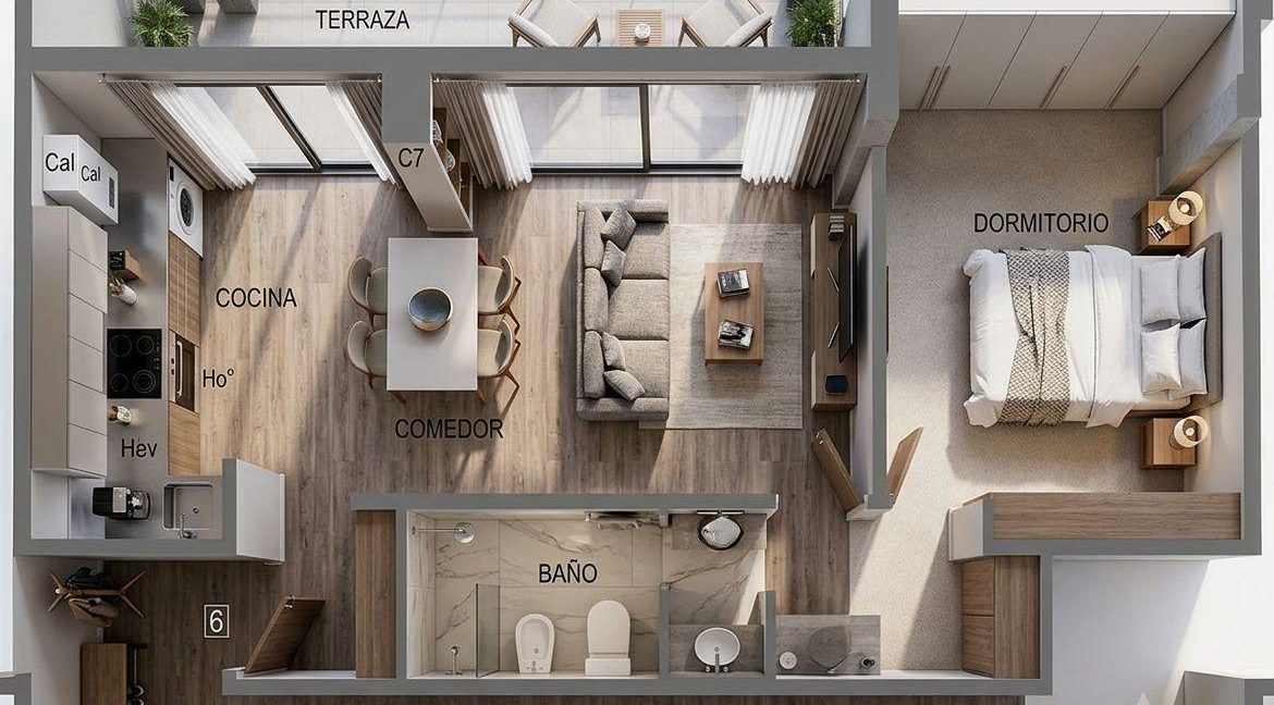 2 vision en planta 3 D amueblada realista